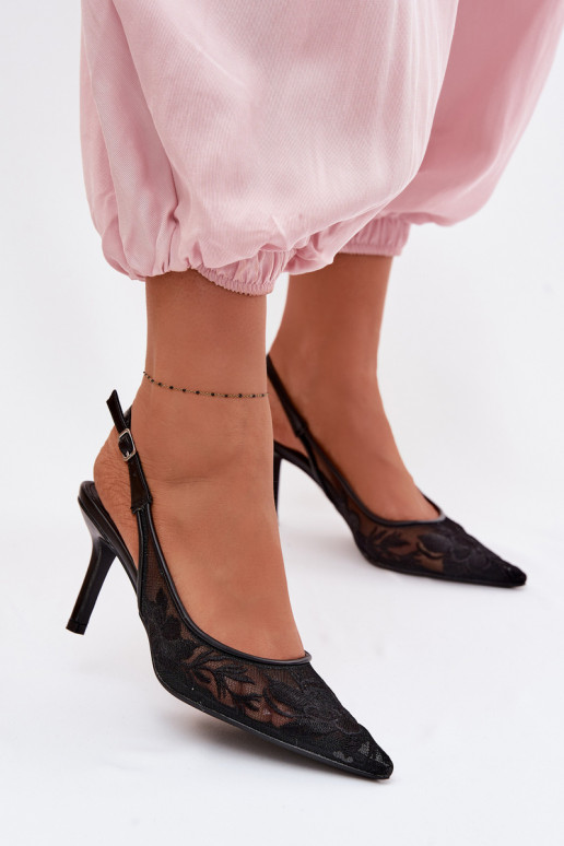 mit Spitzenmotiven Netz Sandalen mit dünnen Absätzen schZuarze Farbe Es mussvia