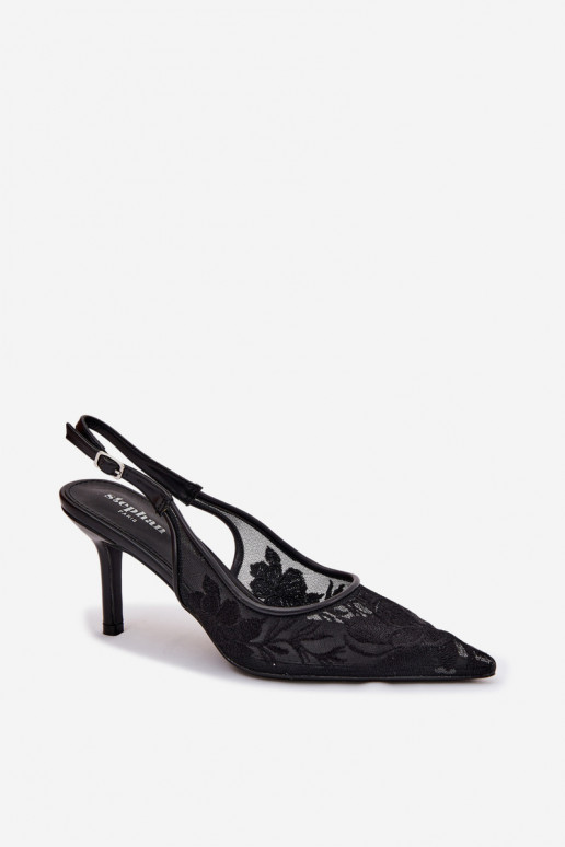 mit Spitzenmotiven Netz Sandalen mit dünnen Absätzen schZuarze Farbe Es mussvia