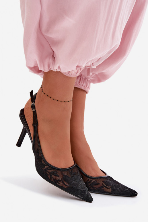 mit Spitzenmotiven Netz Sandalen mit dünnen Absätzen schZuarze Farbe Es mussvia