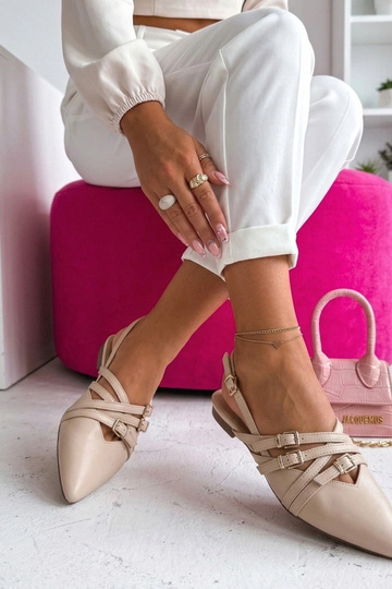 Beige Ballerinas mit offenem Fersenbereich und Riemchen Theodora