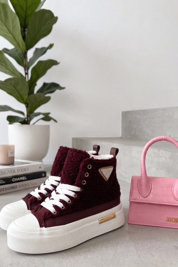 Bordeauxfarbene, mit Fell gefütterte Plattform-Sneakers mit Strass über dem Knöchel Lucia 2