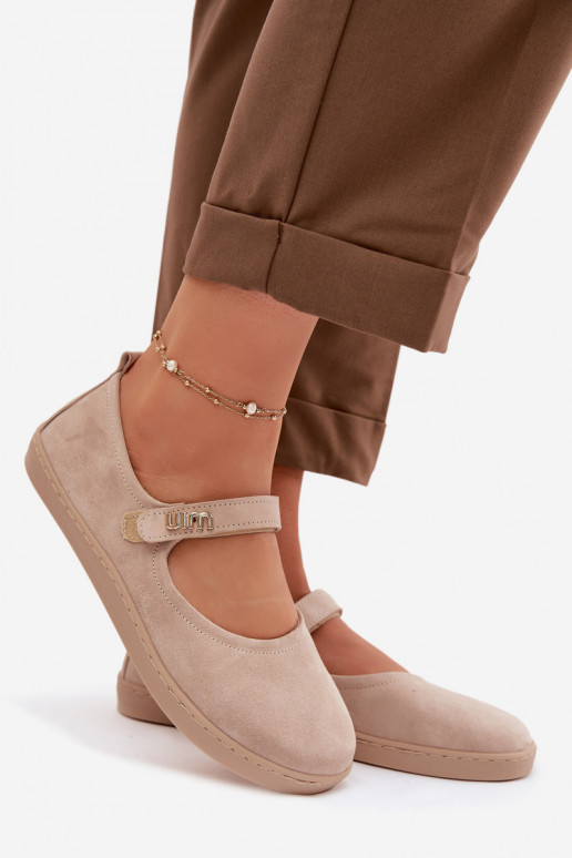 Lederne Wildlederschuhe Barefoot Ballerinas mit Riemchen Zazoo 10206 in Sandfarbe