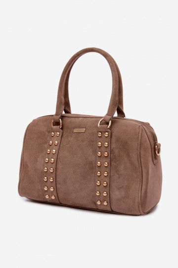 Reisetasche mit goldfarbenen Nieten aus dunkelbeigem Kunstvelours Emelle 2