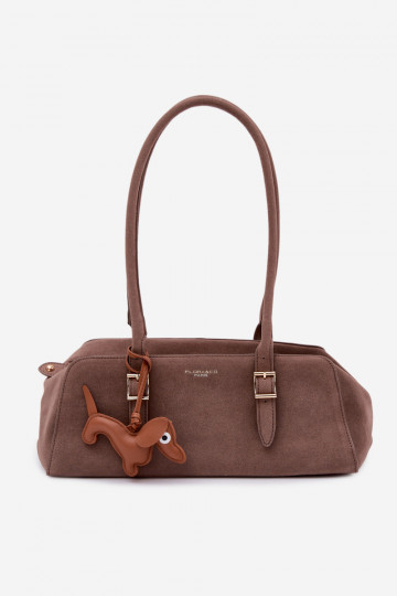 Handtasche aus Kunstvelours mit Anhänger in dunkelbeige Noely