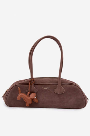 Baguette-Tasche mit Verschluss aus Wildlederimitat in dunkelbeige Annette