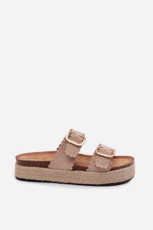 Damenhausschuhe mit einer Plattform Mit Zopf goldene Farbe mit Schnallen I mit Nieten Beige