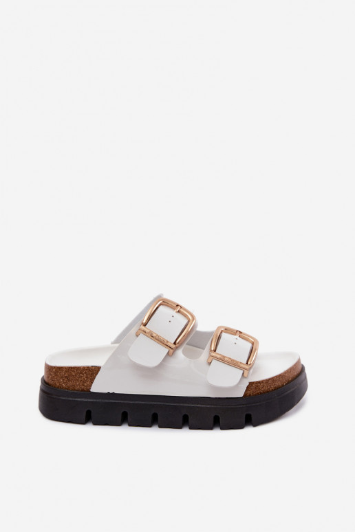 Weiße lackierte Damen-Slipper mit Plattform und goldenen Schnallen Lee Cooper LCIN-26-35-4460L