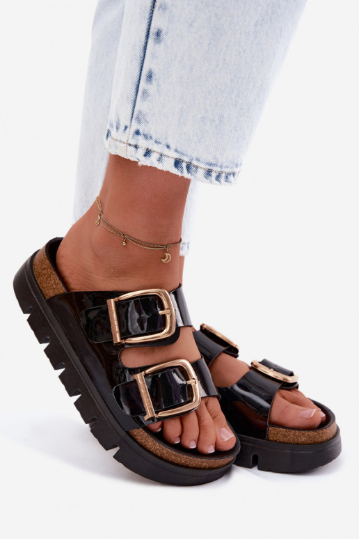 Goldene Damen-Lackleder-Platform-Slipper mit Schnallen Lee Cooper LCIN-26-35-4459L