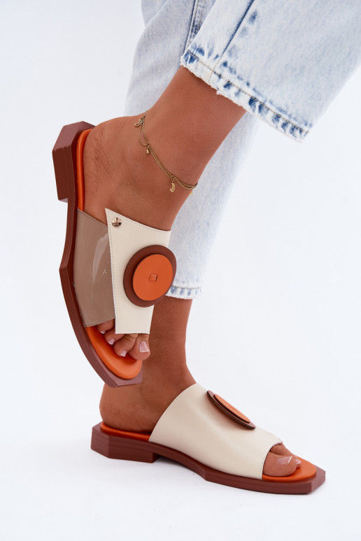 Sand- und orangefarbene Leder-Damenschlappen mit geometrischem Design Tai turiciejka K7479-18