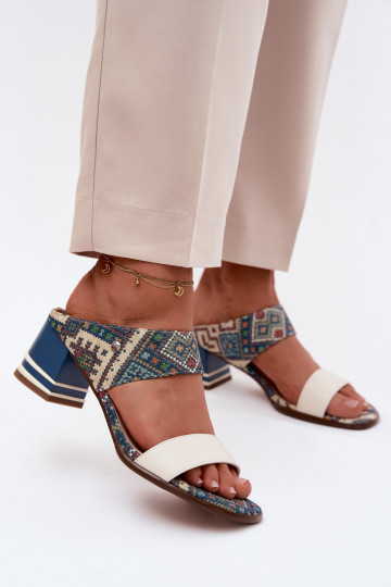 Haut Gemustert Damenhausschuhe mit Absätzen Es mussciejka K7522-04 Beige-blaue Farbe