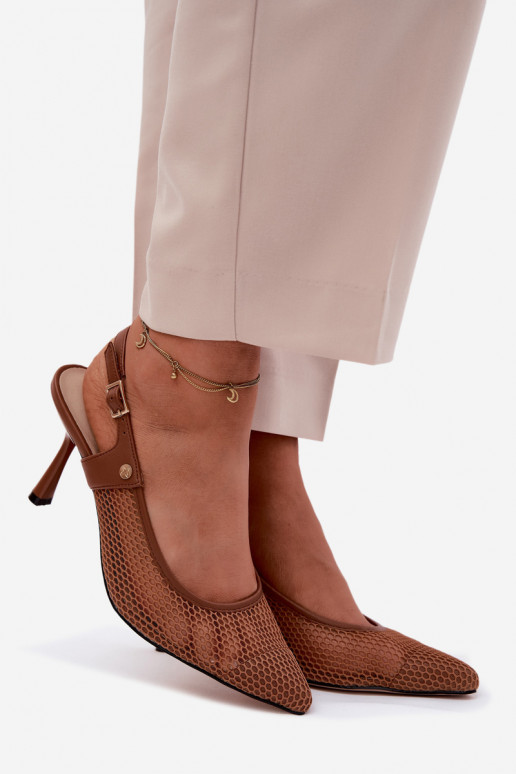 Haut Durchbrochene Sandalen Schuhe Feminin mit dünnen Absätzen Es mussciejka K7507-29 braune Farbe