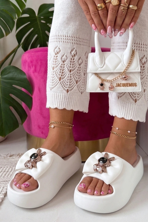 Weiße Plattformslipper mit Schleife Nina