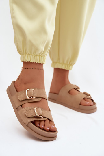 Damenhausschuhe Ze goldene Farbemi mit Schnallenmi Beige Pelorin 2