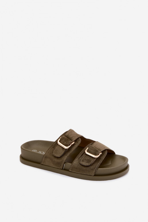 Khaki Slipper mit goldenen Schnallen Pelorin