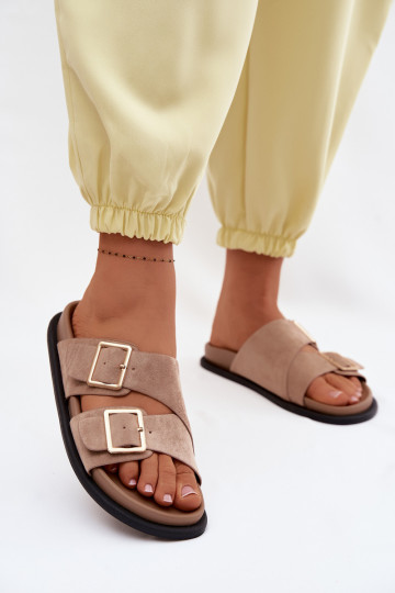 Sandfarbene Kunstveloursleder-Slipper mit goldenen Schnallen Selissea 2