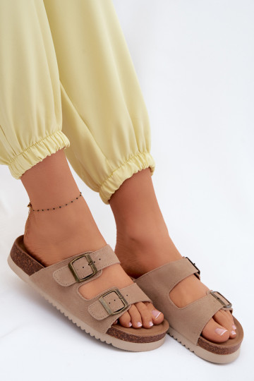 Sandfarbene Leder-Suede-Slipper mit Schnallen Rosaliae