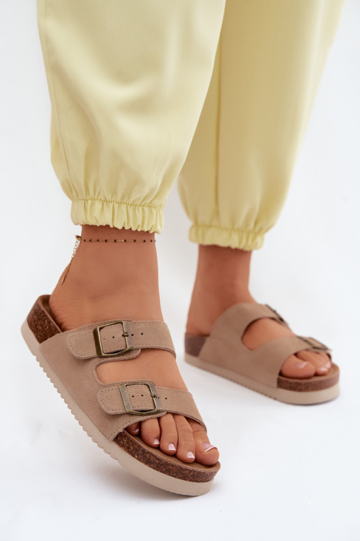 Sandfarbene Leder-Suede-Slipper mit Schnallen Rosaliae