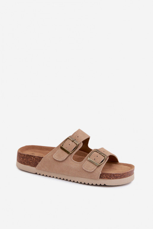Sandfarbene Leder-Suede-Slipper mit Schnallen Rosaliae