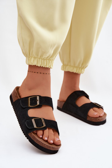 Schwarze Leder-Suede-Slipper mit Schnallen Rosaliae