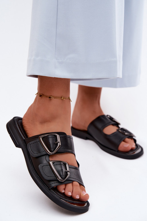 Lederhausschuhe Feminin mit Schnallen Vinceza 62304 schZuarze Farbe