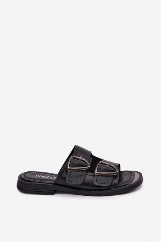 Schwarze Leder-Damenslipper mit Schnallen Vinceza 62304