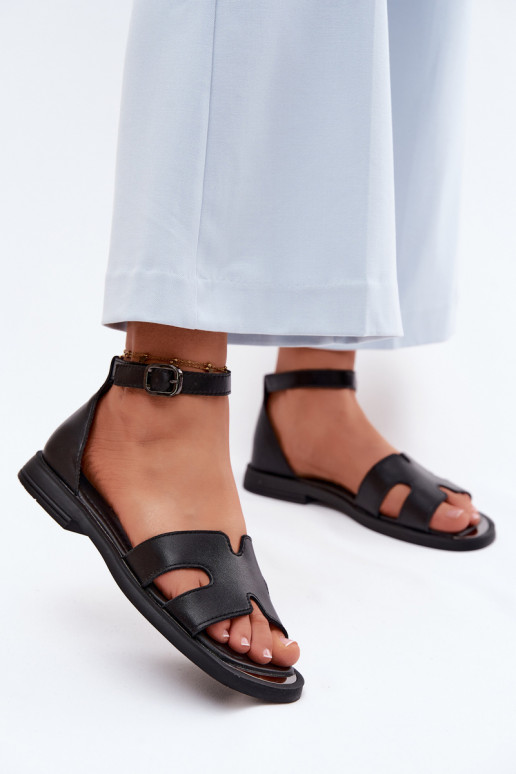 Schwarze Leder-Damensandalen mit breitem Absatz Vinceza 62305