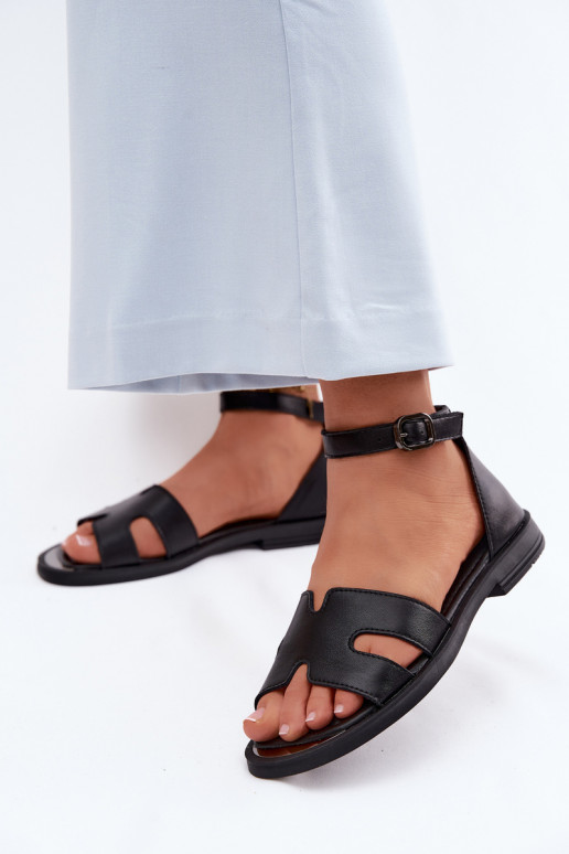 Schwarze Leder-Damensandalen mit breitem Absatz Vinceza 62305