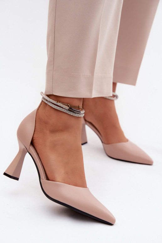 Beige Schuhe mit kleinem Absatz und glänzenden Riemen Vinceza 62283