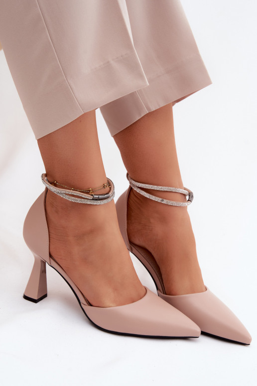 Beige Schuhe mit kleinem Absatz und glänzenden Riemen Vinceza 62283