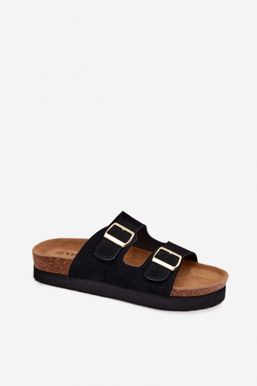 Schwarze Kunstveloursleder-Slipper mit Plattform und Schnallen Vinceza 102657