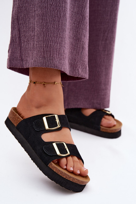 Schwarze Kunstveloursleder-Slipper mit Plattform und Schnallen Vinceza 102657