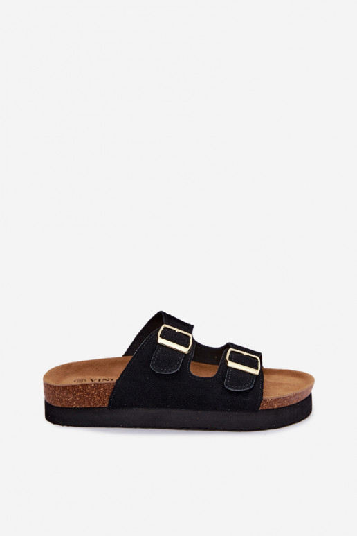 Schwarze Kunstveloursleder-Slipper mit Plattform und Schnallen Vinceza 102657