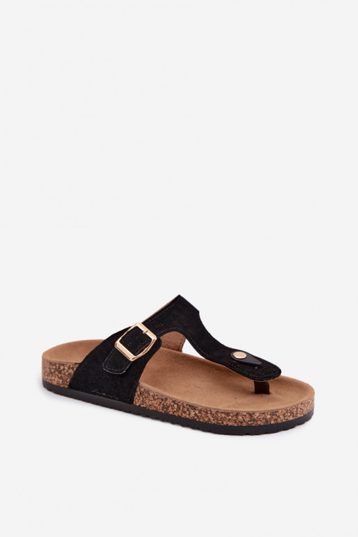 Schwarze Slipper aus Kunstveloursleder mit goldenen Schnallen Honey