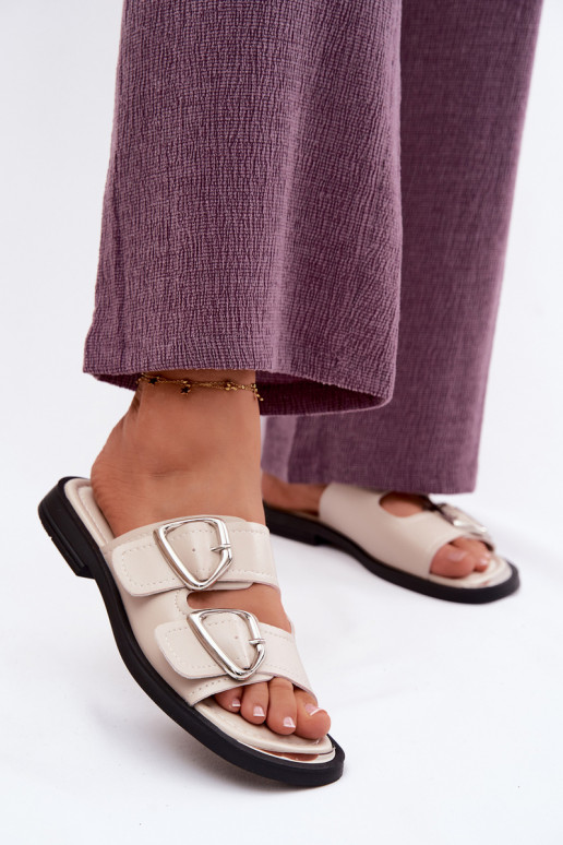 Lederhausschuhe Feminin mit Schnallen Vinceza 62304 Beige