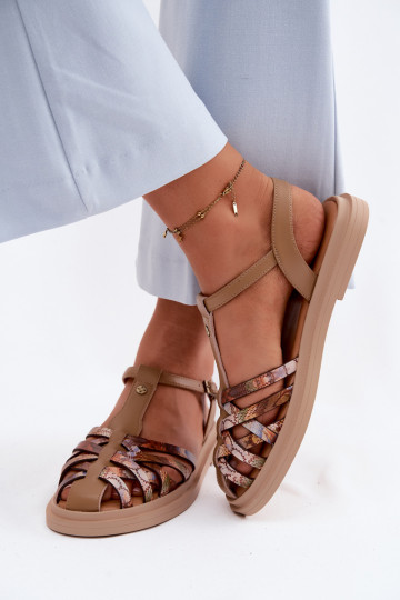 Haut Flache Sandalen für Damen mit Streifen Es mussciejka K7442-04 Beige 2