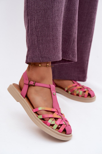 Lederne flache Sandalen für Frauen mit Riemen in Rosa 2