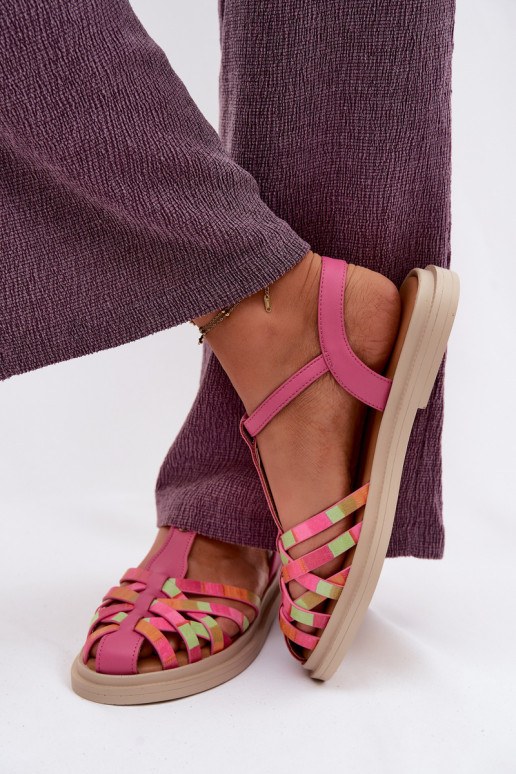 Lederne flache Sandalen für Frauen mit Riemen in Rosa