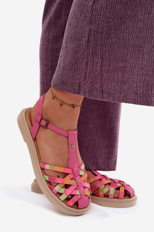 Haut Flache Sandalen für Damen mit Streifen Es mussciejka K7442-15 pinke Farbe