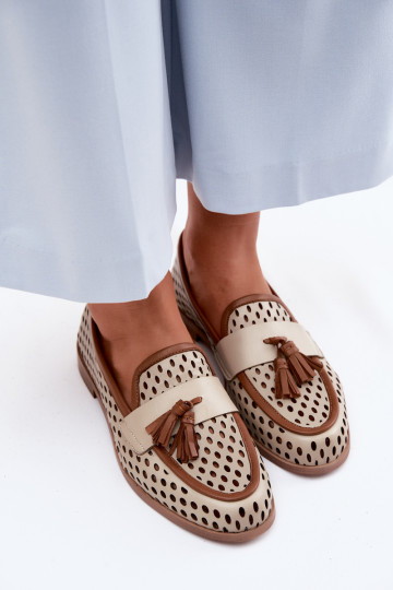 Haut mit durchbrochenen Elementen Schuhe Mokassins für Damen Es mussciejka HJ760-14 braun-Beige