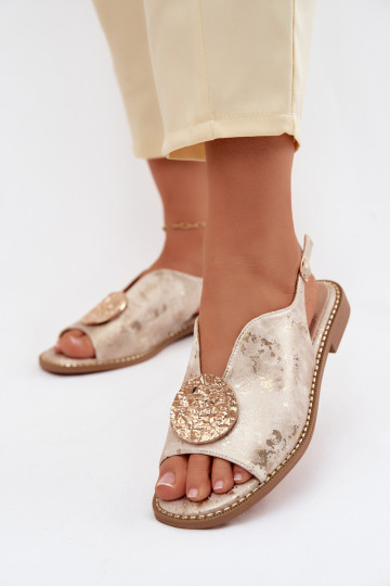 Damensandalen mit breiten Absätzen mit Ornamenten S.Barski KV61-6035 goldene Farbe