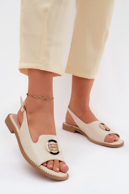 Damensandalen mit breiten Absätzen mit Ornamenten S.Barski KV61-6037 Creme farben