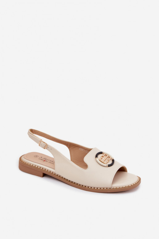 Damensandalen mit breiten Absätzen mit Ornamenten S.Barski KV61-6037 Creme farben
