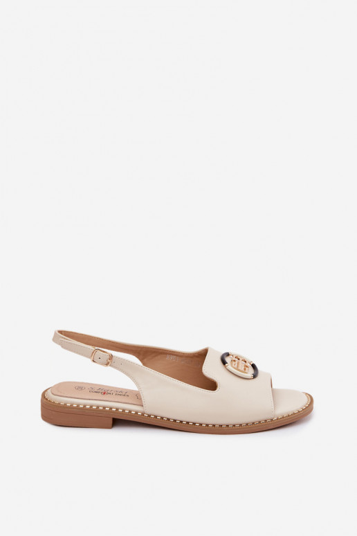 Damensandalen mit breiten Absätzen mit Ornamenten S.Barski KV61-6037 Creme farben