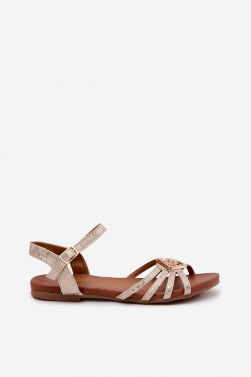 Flache Sandalen für Damen mit Riemen und Dekoration S.Barski KV61-6056 goldfarben