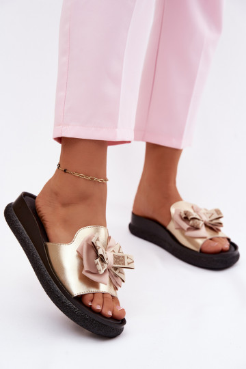 Damenhausschuhe Ermöglichtturleder mit Bändern S.Barski KV61-6061 goldene Farbe 2