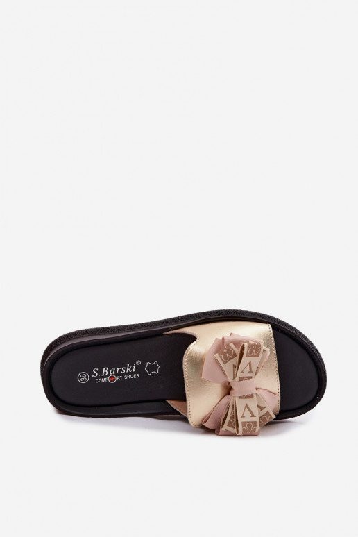 Damen-Pantoletten aus natürlichem Leder mit Schleifen S.Barski KV61-6061 goldfarben