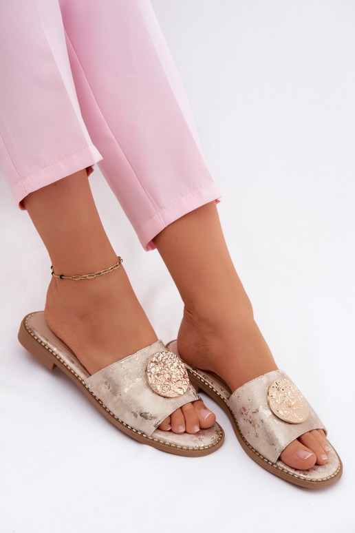 Damenhausschuhe Mit Dekorationen Detalem mit breiten Absätzen KV61-6034 goldene Farbe