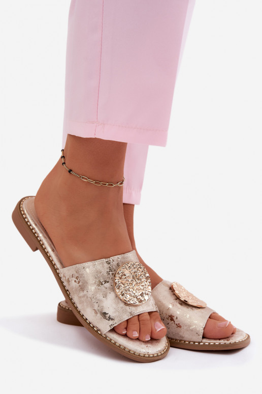 Damenhausschuhe Mit Dekorationen Detalem mit breiten Absätzen KV61-6034 goldene Farbe