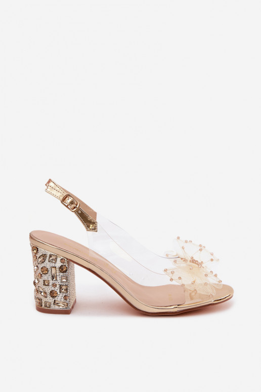 Sandalen mit Absatz und funkelnden Edelsteinen, Netz mit Schleifen D&A MR61-9010 gold