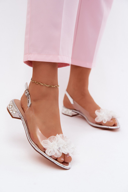Transparente Sandalen mit funkelnden Edelsteinen und Netzblumenmotiven D&A MR61-9006 silber